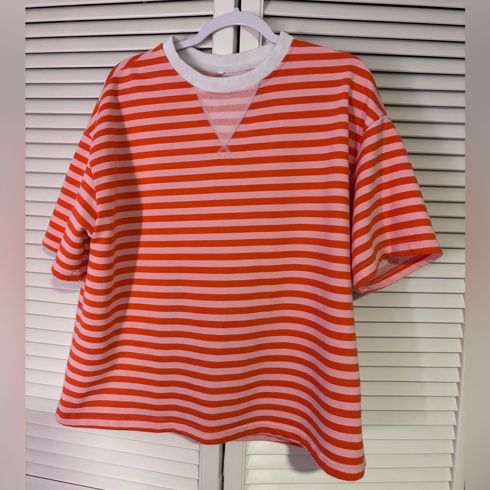 Coral and light pink Striped T-Shirt